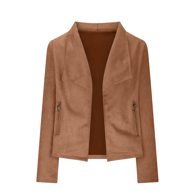 Women's Suit Jacket Solid Suede Lapel Zipper Pocket .