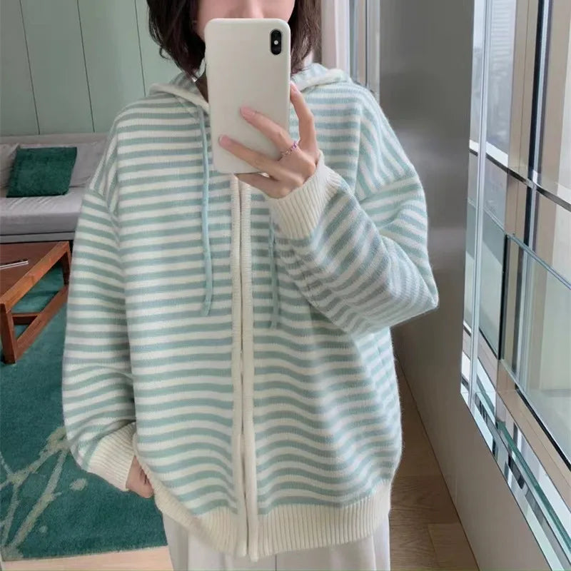 Striped Knit Cardigan Autumn and Winter New Loose Sweet.