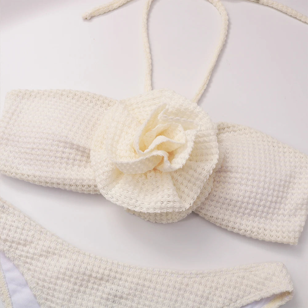 2025 Sexy Flowers Three Pieces Bikini Set Swimsuit For Women Solid Bandage Swimwear Female Bathing Suit Beachwear Swimming Suit