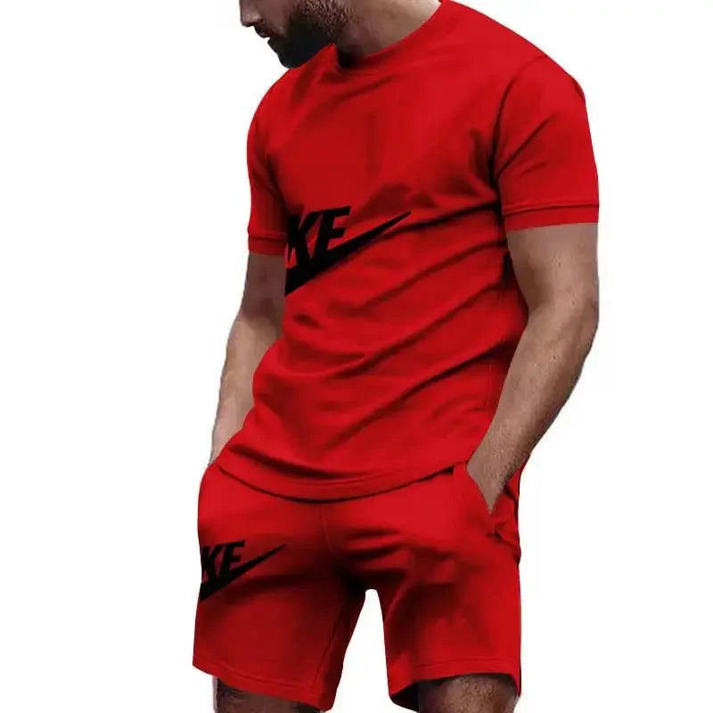 Men 2025 summer new casual sports suit Fashion breathable outdoor men's short-sleeved T-shirt + training shorts two-piece set
