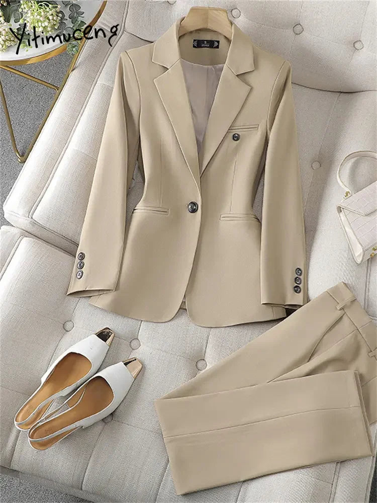 Office Lady Single Button Blazer Chic High Waisted Pants 2 Piece Set.