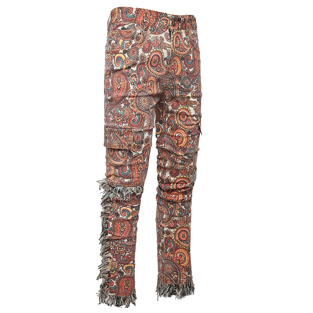 Men Bandana Print Pants Plus Size Multi Pockets Cargo Jeans .