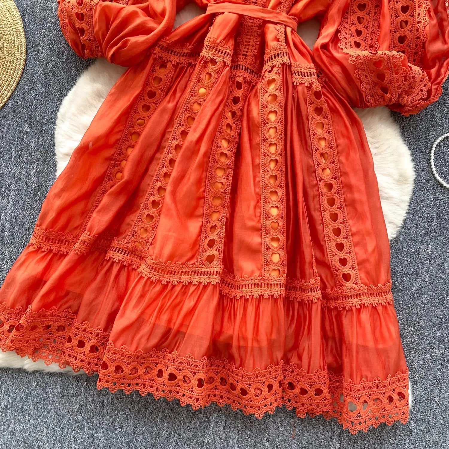 Spring Summer Embroidery Lace Stitching Hollow Out Midi Dress Women's Stand Collar Single Breasted Belt Loose Party Vestidos