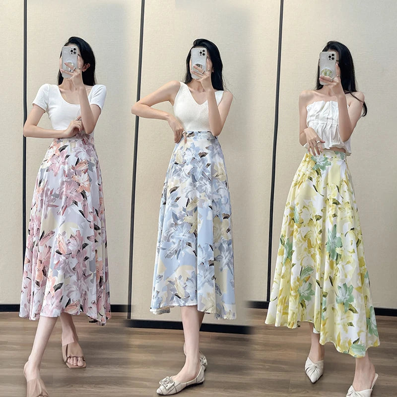 Summer High Waist Women Skirts Casual Floral Printed Chiffon.