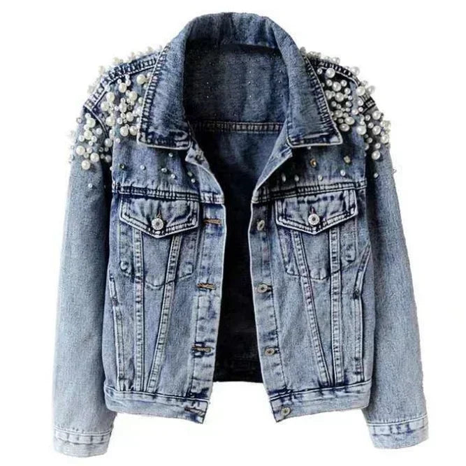 Pearl Denim Coat Women Cotton Spring Autumn Ropa Cardigan Jeans,