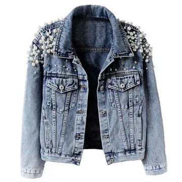 Pearl Denim Coat Women Cotton Spring Autumn Ropa Cardigan Jeans,