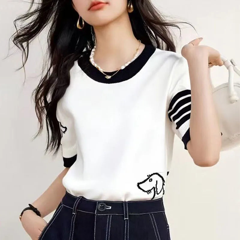 Summer wool women's round neck short sleeved pullover sweater soft  breathable high-quality sweater fashionable solid color top