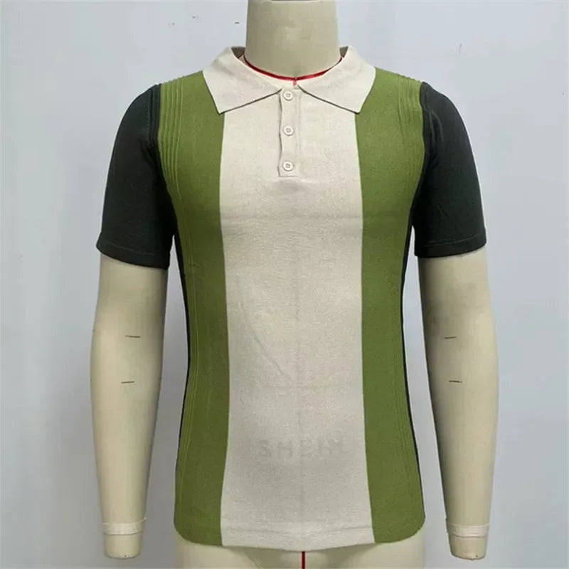 2025 Summer Contrast Color Knitted Polo Shirts Men Green Stripe Turn-down Collar Tops for Men Slim Fit Casual Business Polos
