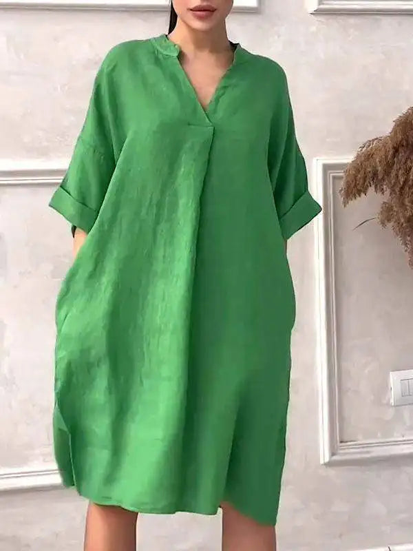 Fashion Cotton And Linen Women's V-neck Loose Dress women fashion'/MH