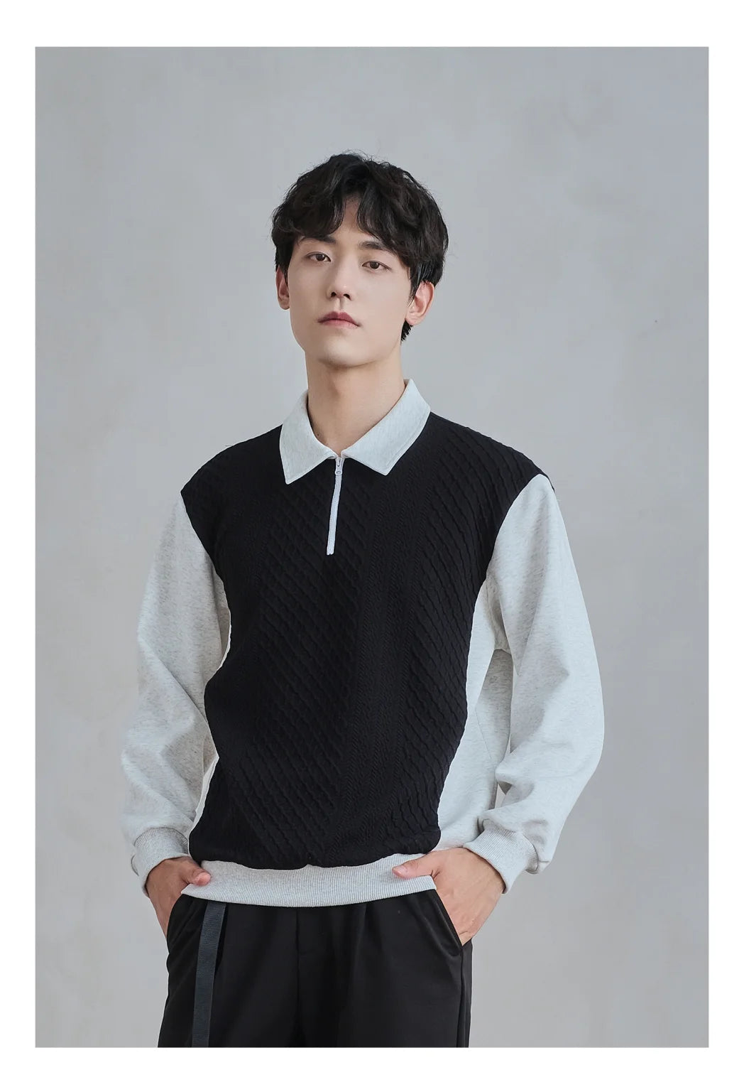 Trend Fashion Men Polo Shirts Spring Autumn New Lapel Half Zipper Fake Two Pieces Contrast Color Korean Casual Long Sleeve Tops