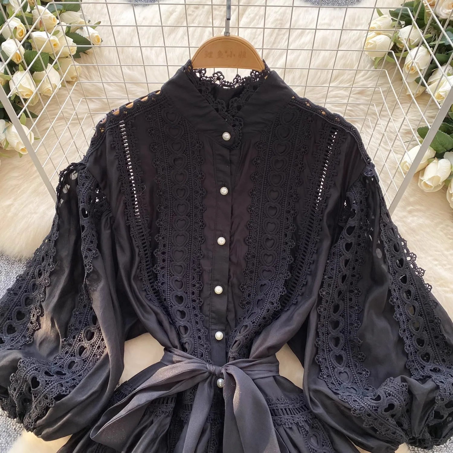 Spring Summer Embroidery Lace Stitching Hollow Out Midi Dress Women's Stand Collar Single Breasted Belt Loose Party Vestidos