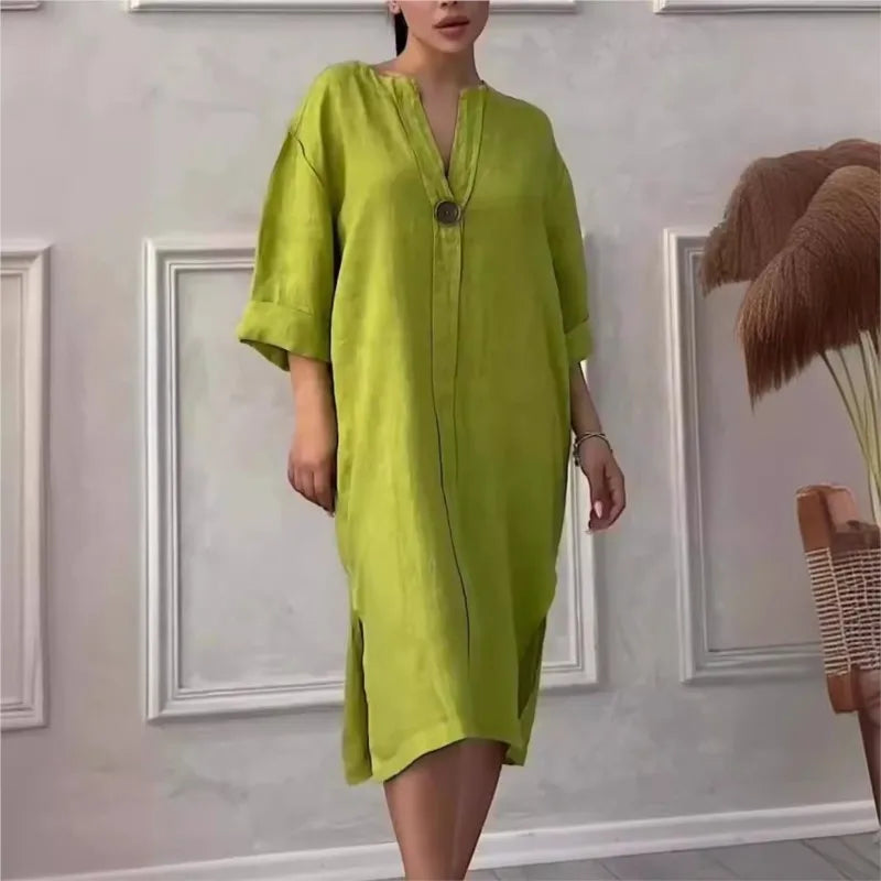 Elegant O-neck Long-sleeved Button Dress For Women's ./ MH