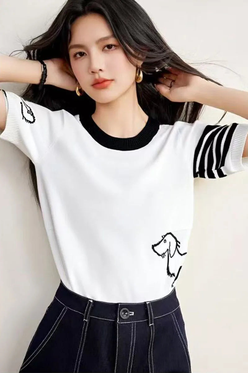 Summer wool women's round neck short sleeved pullover sweater soft  breathable high-quality sweater fashionable solid color top