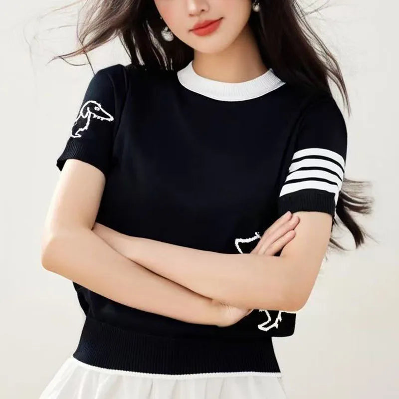 Summer wool women's round neck short sleeved pullover sweater soft  breathable high-quality sweater fashionable solid color top