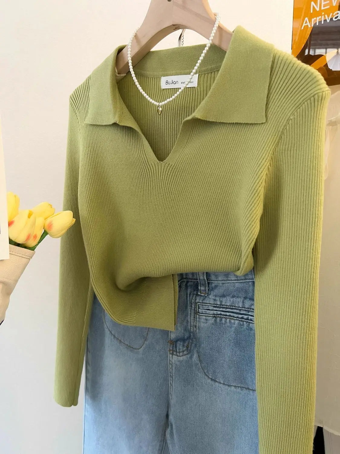 Women Clothing Vintage Fashion Solid Turn-down Collar Pullovers.