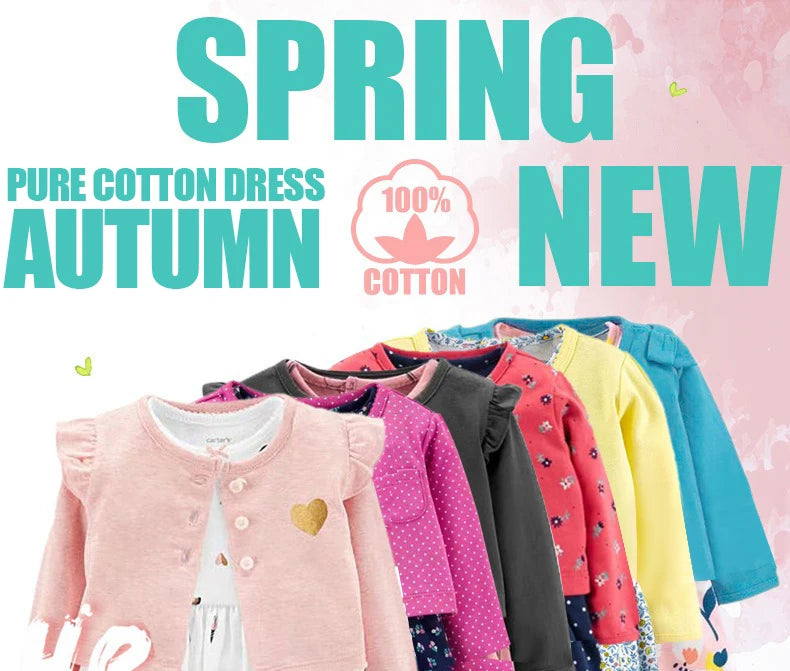 2pcs Spring Summer Infant Baby Girls Clothes Sets Toddler Dresses Long Sleeves Cardigan+Bodysuit Dress Newborn Girl Outfit