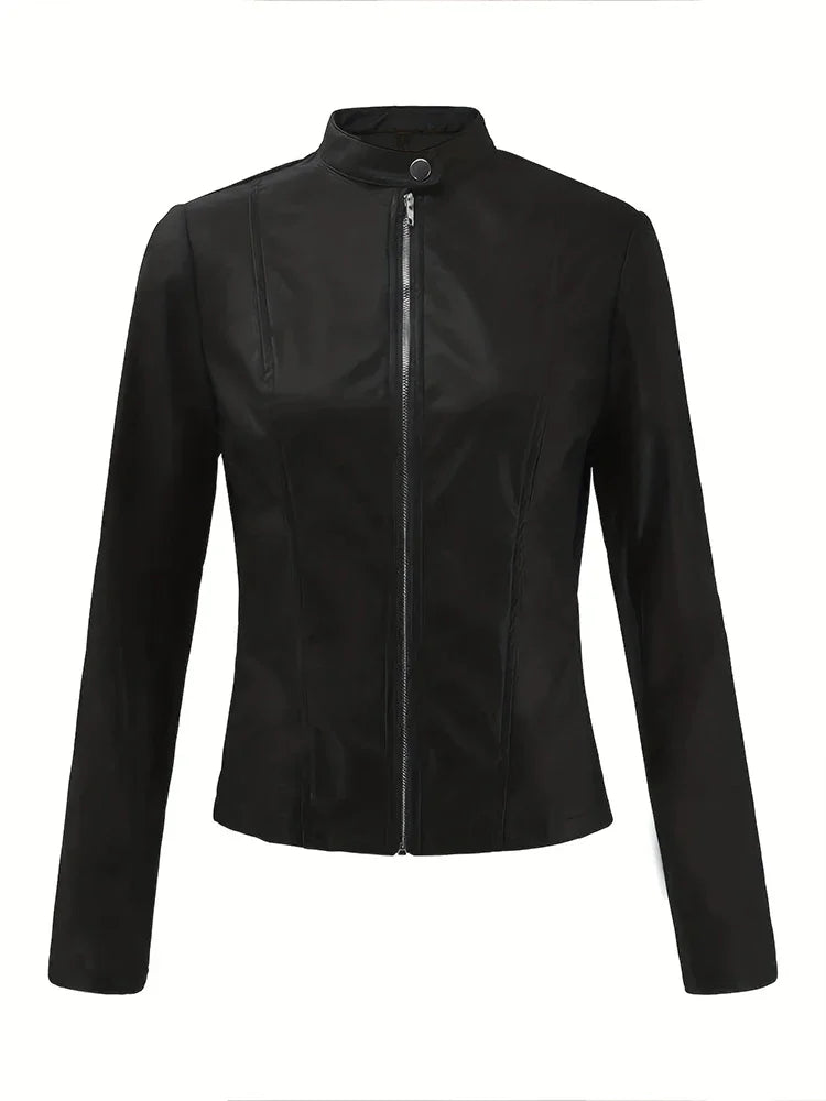 Women Cool Slim Fit Faux Leather Jacket Long Sleeve .