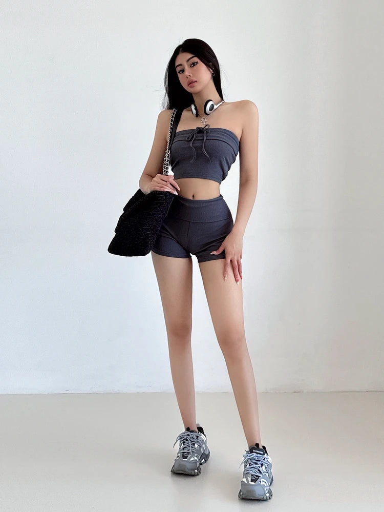 Summer Spicy Girl Casual Lace Up Bra Flip Waist Shorts Two Piece Fashion Set Fashion Casual Women Shorts Set 2024 New TX7C