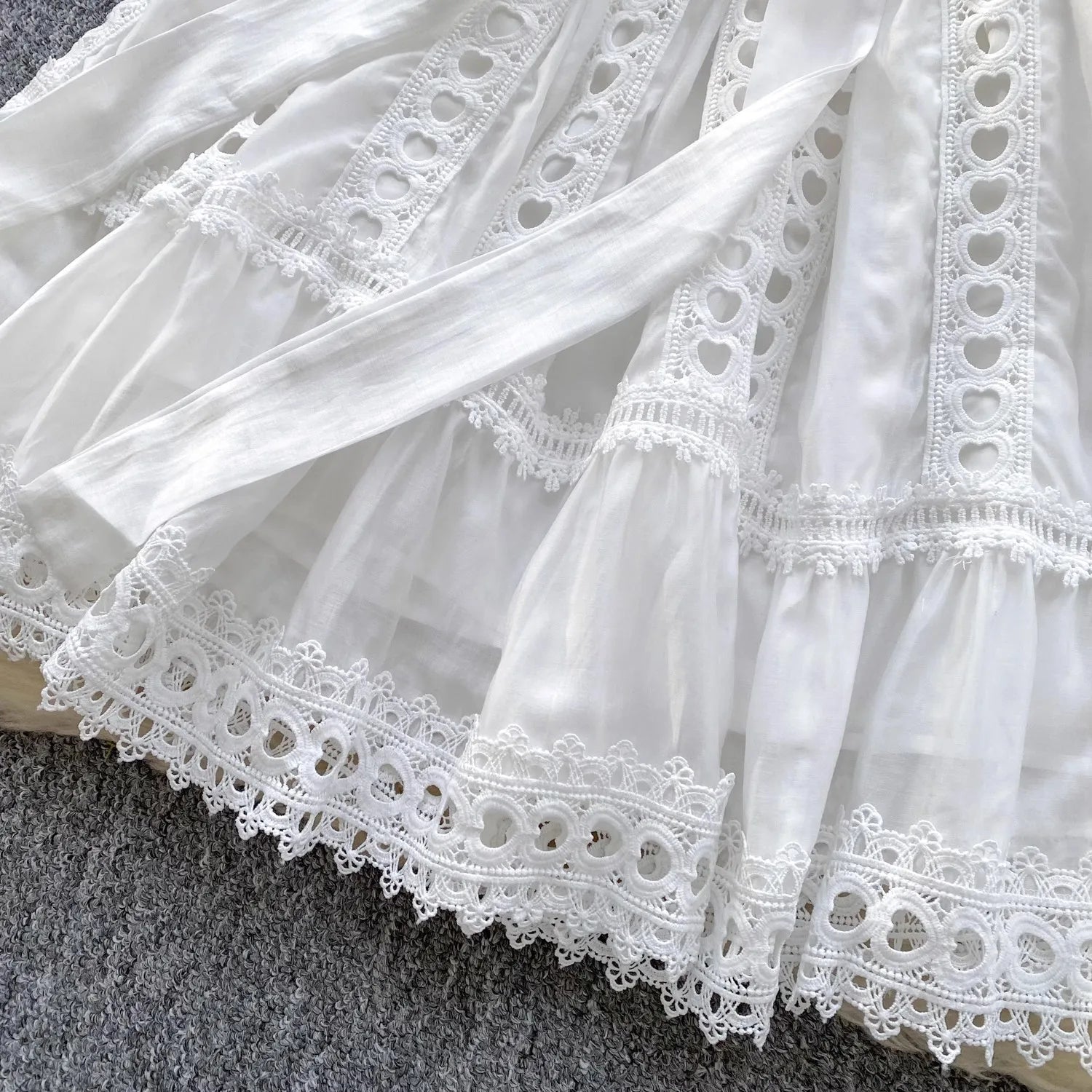 Spring Summer Embroidery Lace Stitching Hollow Out Midi Dress Women's Stand Collar Single Breasted Belt Loose Party Vestidos