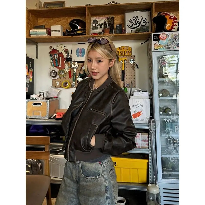 American Vintage Short Motorcycle Leather Jacket Women.