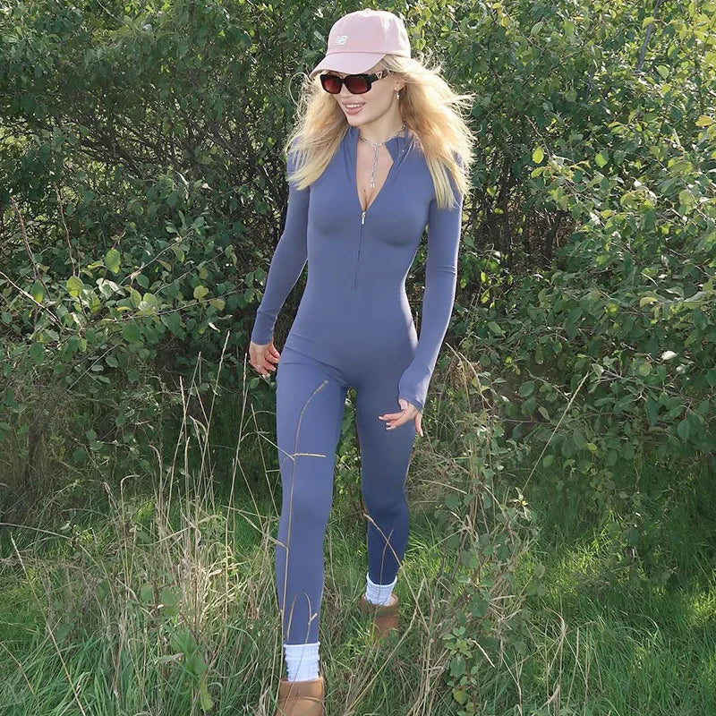 Shestyle Solid Women 2025 Fitness Bodycon Jumpsuit Zipper Fly Mock Neck Work Out Clothes Hipster Violet Sexy Stretchy Stylish