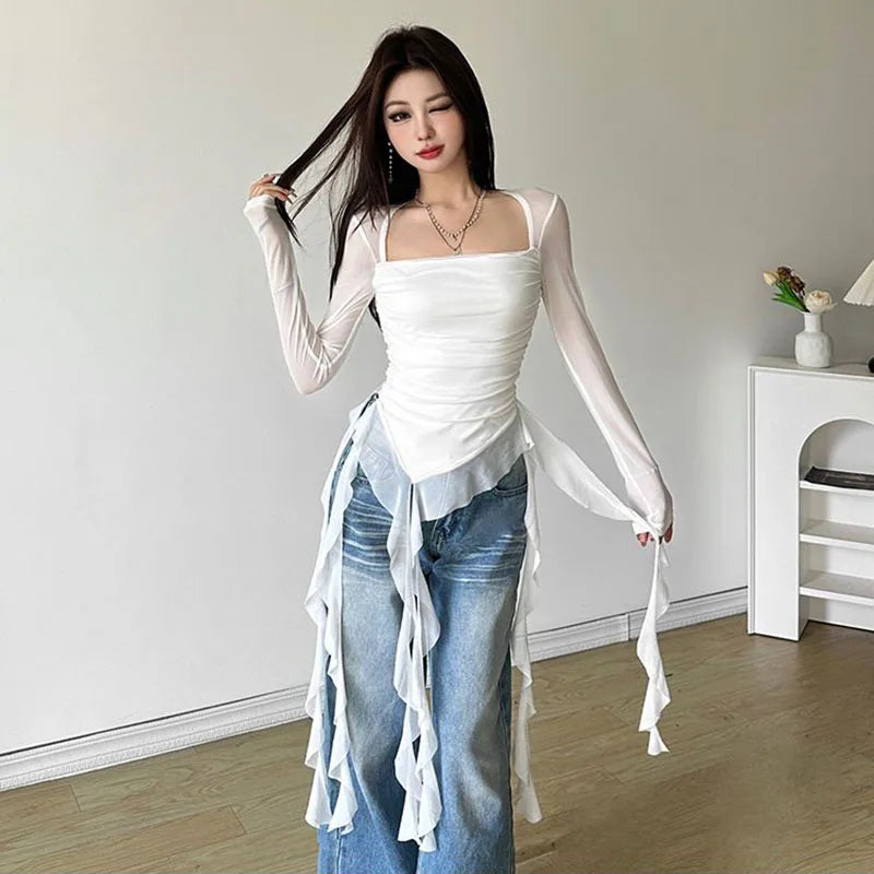 Ruffle Irregular Long Sleeve Women T Shirt Y2K Fashion Streetwear Patchwork Asymmetrical Top Korean Chic Sheer Mesh Ladies Tees