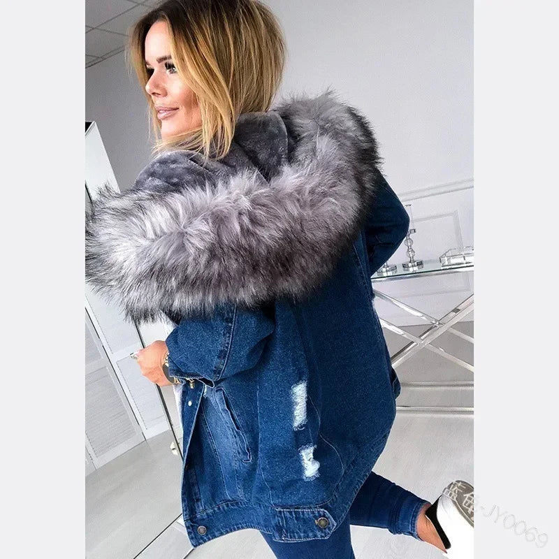 New Fashion Hooded Big Fur Collar Denim Jacket .
