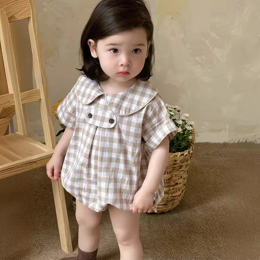 2025 Summer New Baby Girl Plaid Bodysuit Newborn Toddler Girl Dot Print Short Sleeve Jumpsuit Cute Infant Princess Clothes