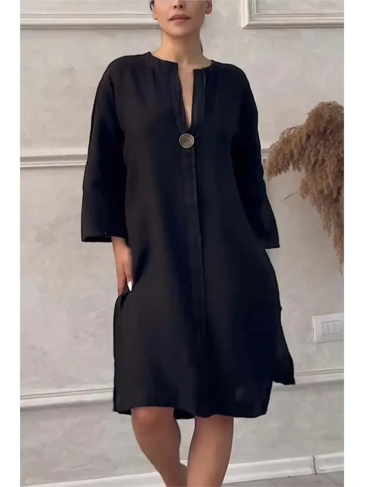 Elegant O-neck Long-sleeved Button Dress For Women ./ MH