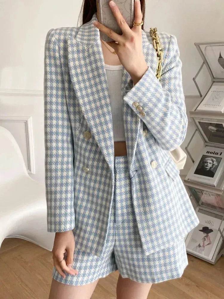 Women Fashion Houndstooth Double Breasted Tweed Blazer Coat .