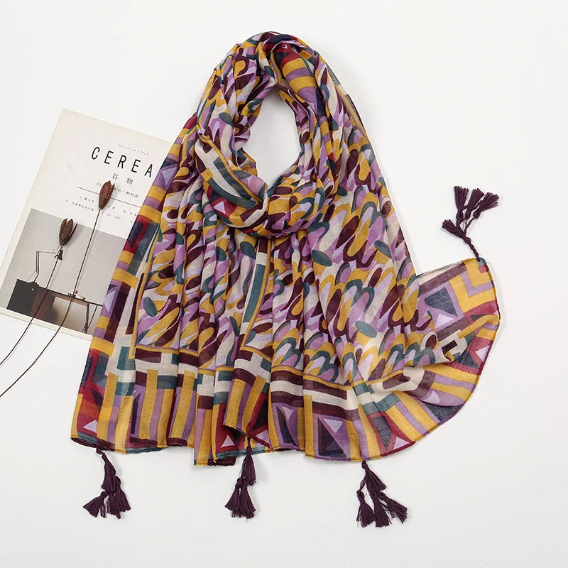 New Printed Soft Linen Cotton Scarf Shawls Women Muslim Hijabs Premium Foulard Femme Long Fresh Floral Tassel Scarves Echarpe