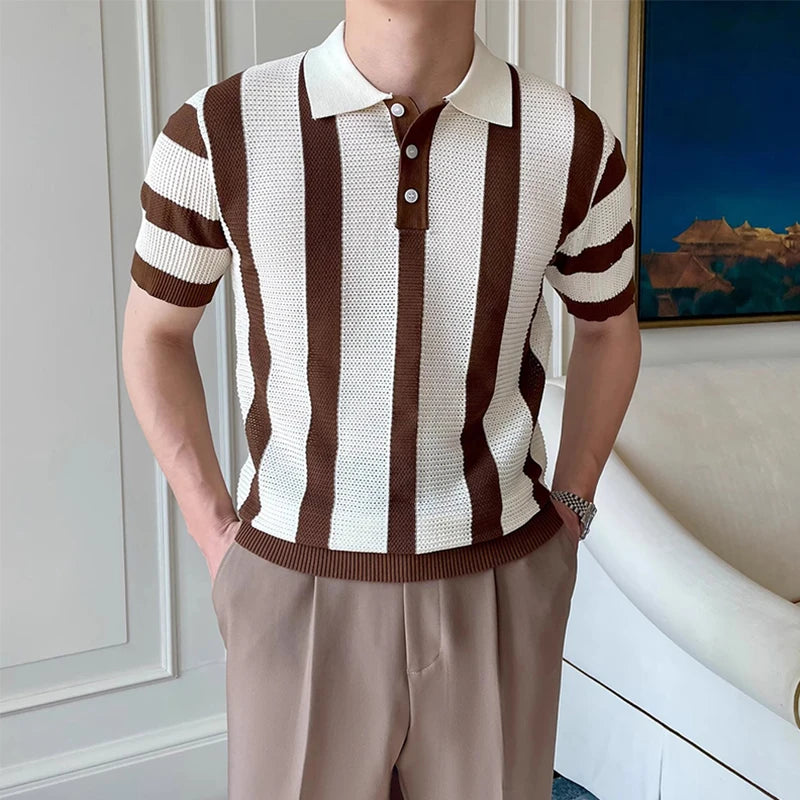 Stylish Mens Slim Short Sleeve Polo Shirts Knitting Striped Contrast Color Polo T Shirt For Men Summer New Casual Buttoned Polos