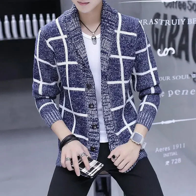 Man Clothes Cardigan Knitted Sweaters for Men No Hoodie Patchwork.