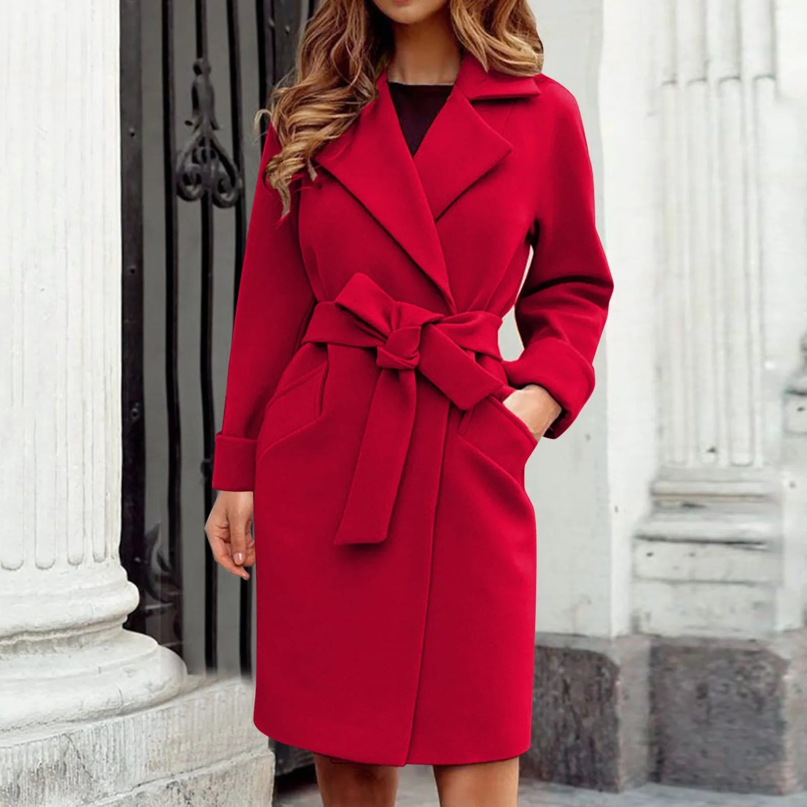 Women Hot Pink Trench Coat Casual Mid Long Overcoat.