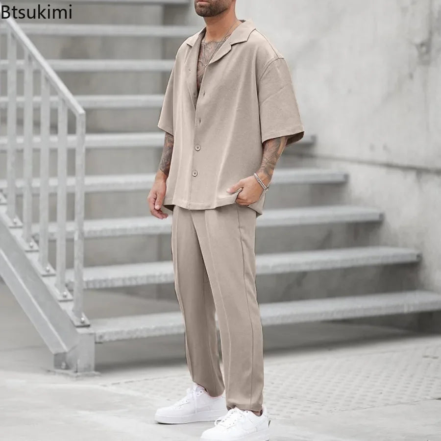 Men's Casual 2PCS Pants Sets Fashion Lapel Shirt .