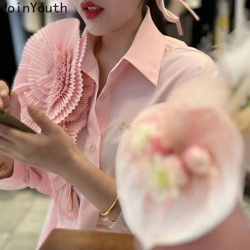 2025 Camisas De Mujer Blouse for Women Elegant Floral Shirts Oversized Tops Long Sleeve Fashion Pleated White Casual Blouses