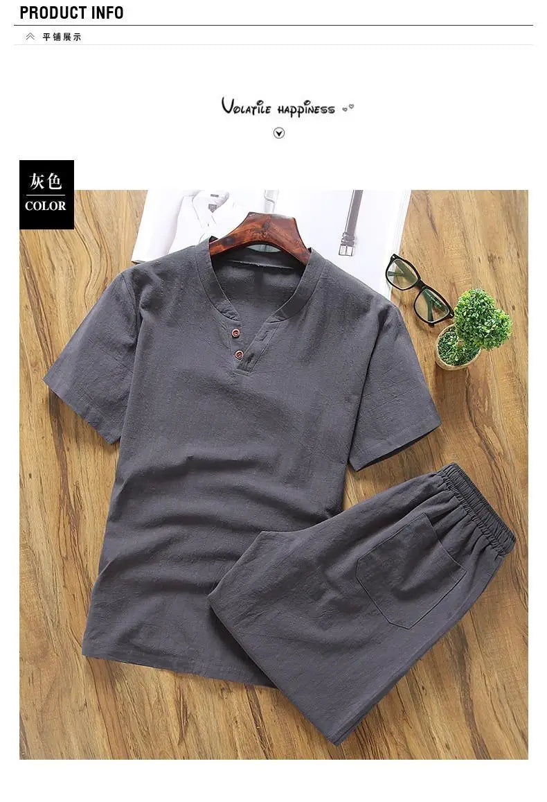 Two Piece Set Men Summer Vintage Simple Casual V Neck Short Sleeve Cotton Linen T Shirt Vacation Solid Loose Beach Shorts Ropa