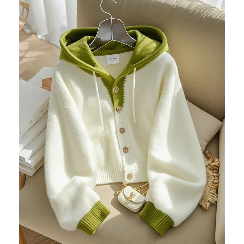 Women Spring Autumn Patchwork Knitted Cardigan Sweater 2025 New Korean Ladies Single Breasted Sweater Hooded Jacket Elegant Coat