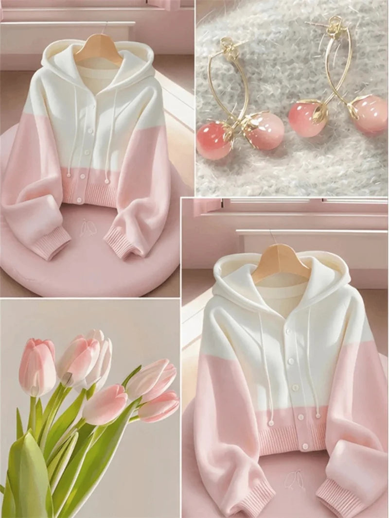 Women Spring Autumn Patchwork Knitted Cardigan Sweater 2025 New Korean Ladies Single Breasted Sweater Hooded Jacket Elegant Coat