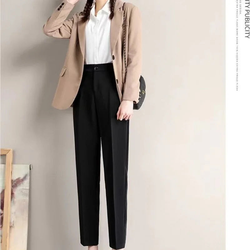 Fashion Office Pocket Black Loose Ankle-Length Pants Women New High Waist Korean Zipper Button All-match Lady Straight Trousers