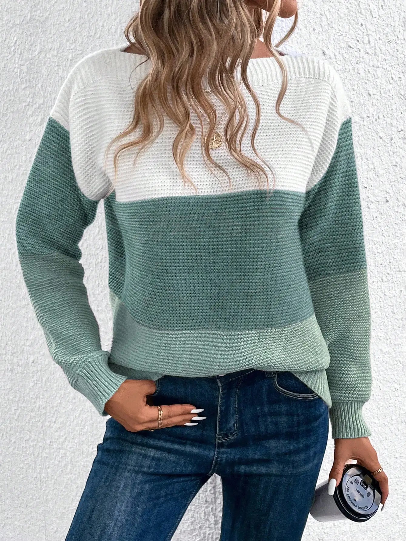 Elegant Three-color Patchwork Sweater Women Daily Commuter Casual .