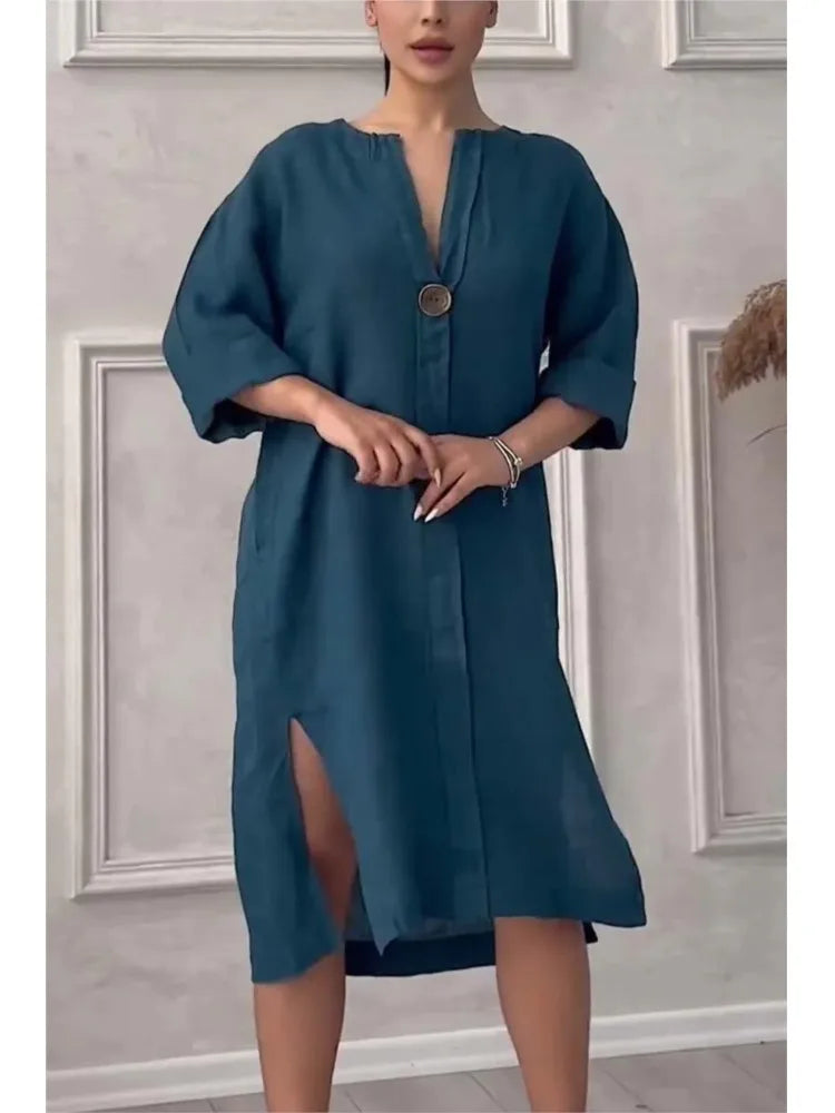Y2k Long Sleeve Linen Maxi Dress Women ./MH