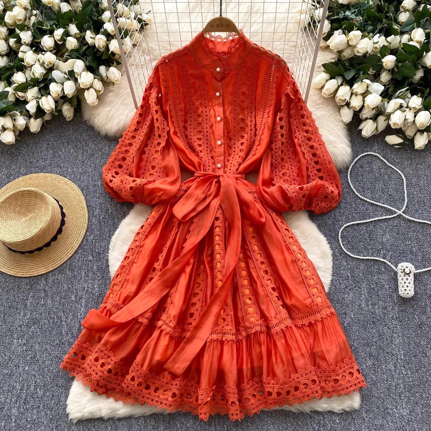 Spring Summer Embroidery Lace Stitching Hollow Out Midi Dress Women's Stand Collar Single Breasted Belt Loose Party Vestidos