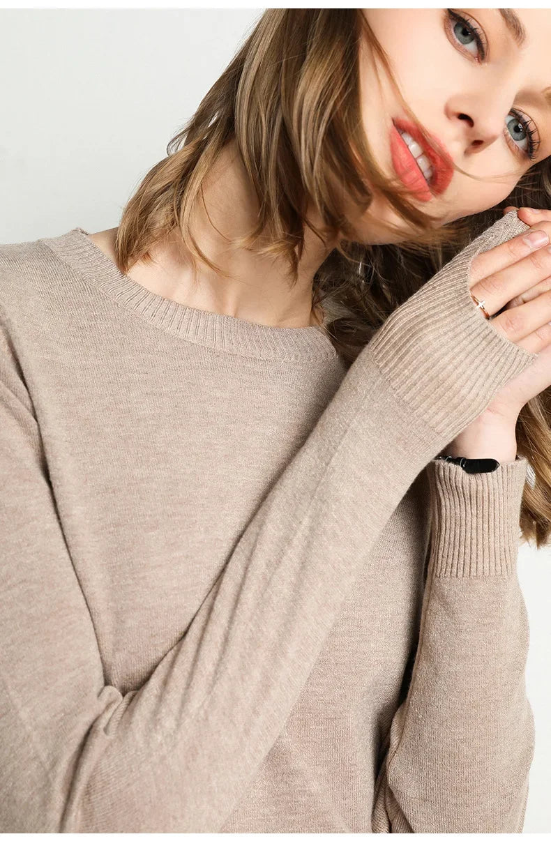 Women Slim O-Neck Pullover Cashmere Wool Blending Sweater.