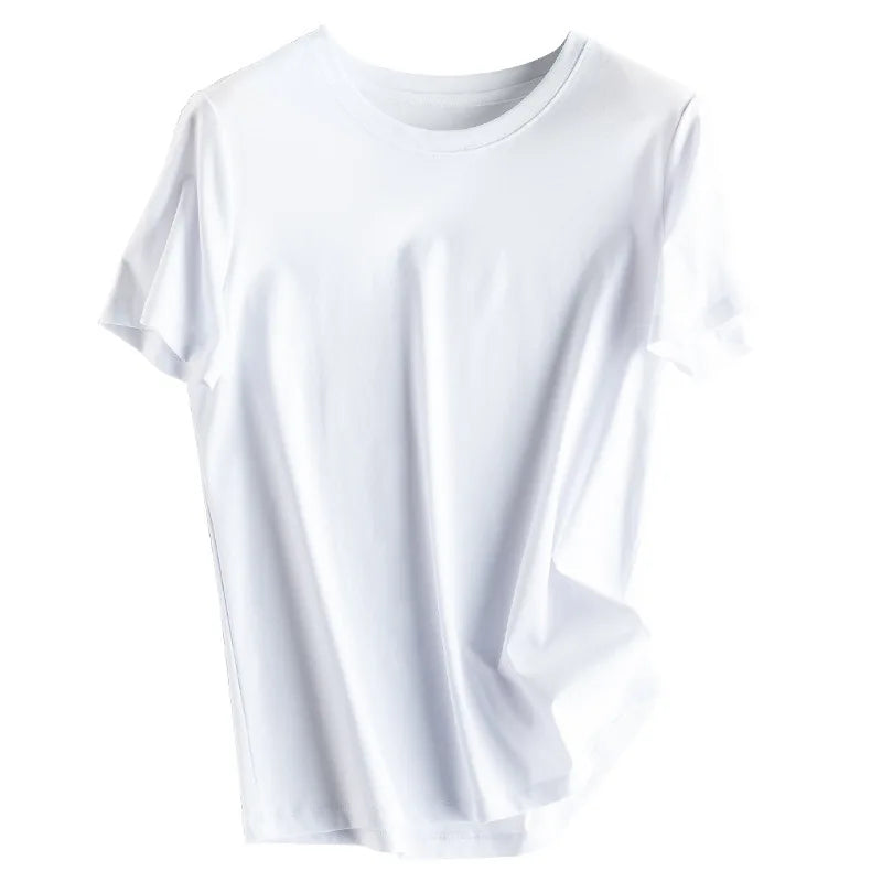 Summer Mercerized Cotton Women Silk T-shirts O Neck Short Sleeve Loose Straight T-shirts Casual Tees For Minimalist 2021