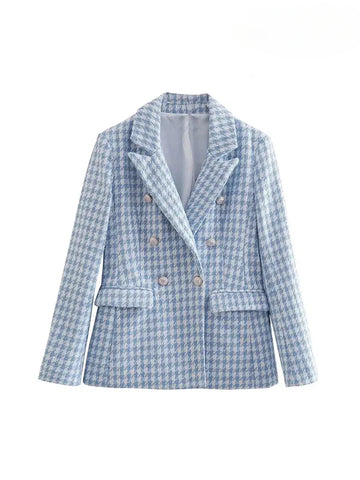 Women Fashion Houndstooth Double Breasted Tweed Blazer Coat .