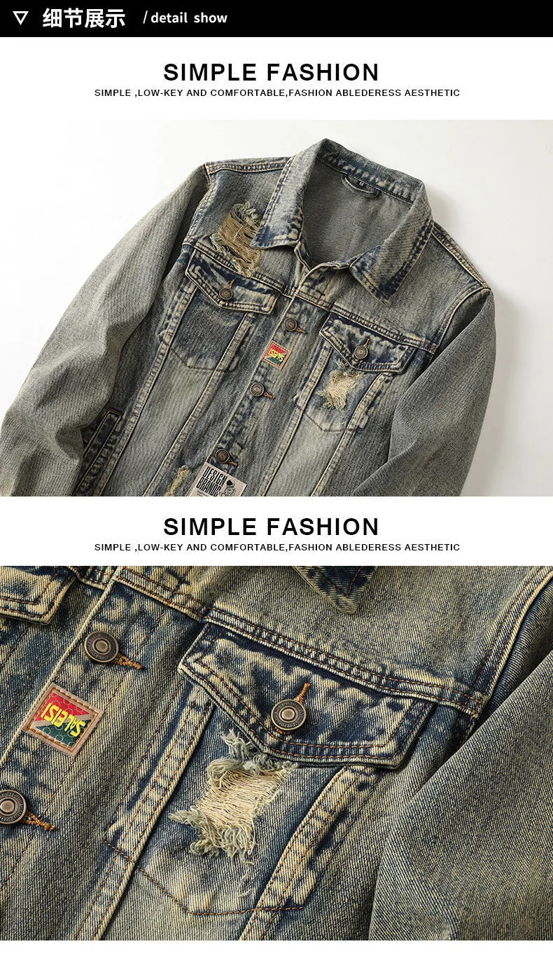 Men's Fashion Vintage Destroyed Jeans Jacket High Street.