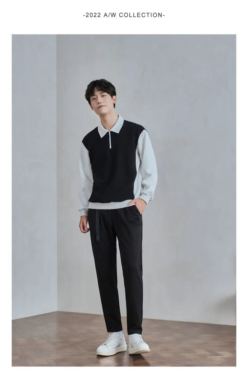 Trend Fashion Men Polo Shirts Spring Autumn New Lapel Half Zipper Fake Two Pieces Contrast Color Korean Casual Long Sleeve Tops