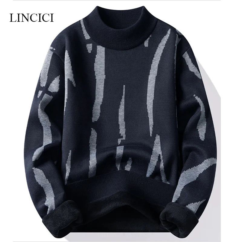 2024 M-4XL Autumn/Winter New Men's Sweater Half High Collar Zebra Pattern Color Blocked Velvet Knitted Sweater Warm Hoodie Top