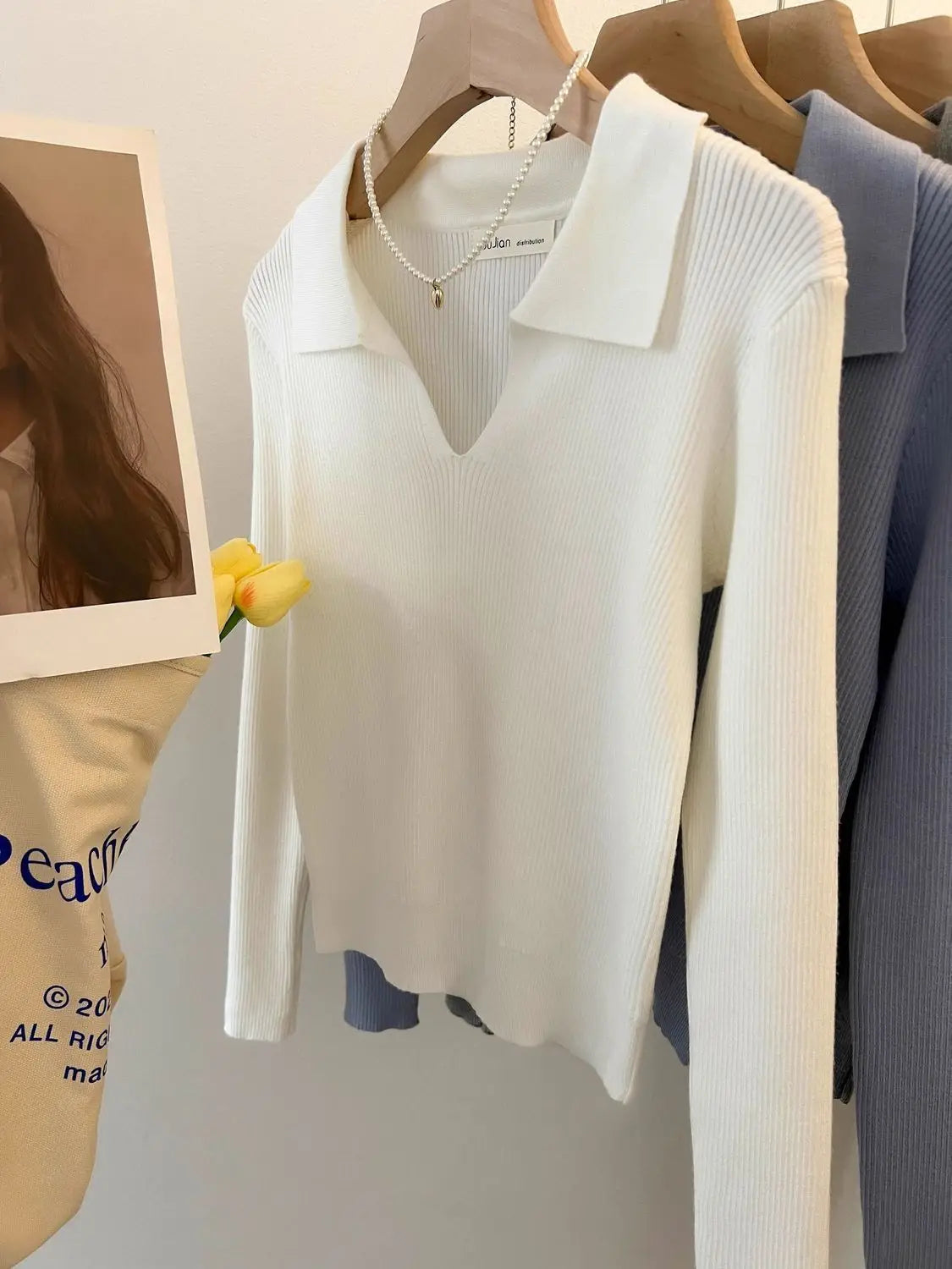 Women Clothing Vintage Fashion Solid Turn-down Collar Pullovers.